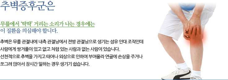 추벽증후군 무릎에서 ‘딱딱’ 거리는 소리가 나는 경우에는 이 질환을 의심해야 합니다. 추벽은 무릎 관절내에 내측 관절낭에서 전방 관절낭으로 생기는 섬유 인대 조직인데 사람에게 
	쌍거풀이 있고 없고 처럼 있는 사람과 없는 사람이 있습니다. 