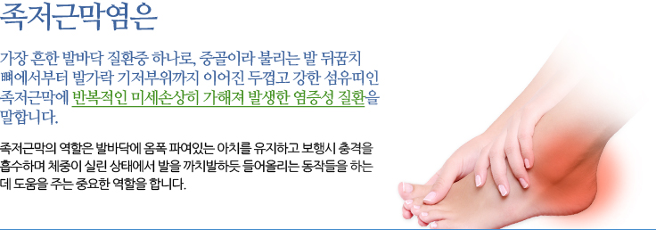 족저근막염 / 아킬레스건염 족저근막염은 가장 흔한 발바닥 질환중 하나로, 중골이라 불리는 발 뒤꿈치 뼈에서부터 발가락 기저부위까지 이어진 두껍고 강한 섬유띠인 족저근막에 반복적인 미세손상히 가해져 발생한 염증성 질환을 말합니다.
	족저근막의 역할은 발바닥에 옴폭 파여있는 아치를 유지하고 보행시 충격을 흡수하며 체중이 실린 상태에서 발을 까치발하듯 들
	어올리는 동작들을 하는데 도움을 주는 중요한 역할을 합니다.
	